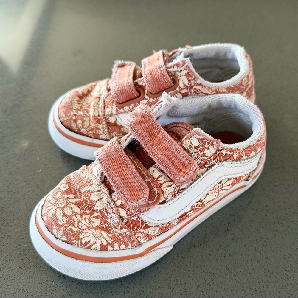 Vans Girls Floral Velcro Canvas Sneakers - Burnt Orange & Cream